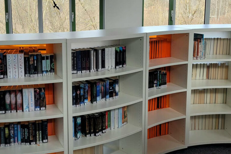 Geschwungene weiße Bücherregale voller Bücher, hauptsächlich Belletristik und Science-Fiction, stehen neben großen Fenstern. Die Regale sind gut beleuchtet, und durch die Fenster im Hintergrund ist eine Waldszenerie zu sehen.