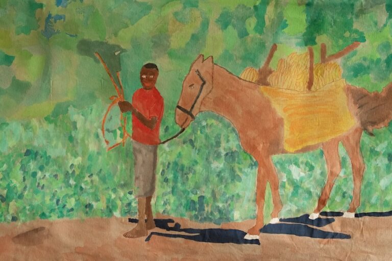 Ein Aquarell, das einen jungen Menschen in einem roten Hemd zeigt, der die Zügel eines mit Heu beladenen braunen Pferdes hält. Sie stehen auf einem Feldweg vor einem üppig grünen Hintergrund.