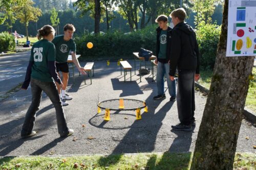 Vier Personen spielen in einem Park ein Spiel mit einem runden Netz. Zwei Personen stehen auf jeder Seite und tragen grüne Hemden. Eine Person schlägt einen orangefarbenen Ball in Richtung Netz. Im Hintergrund sind Picknickbänke und Bäume zu sehen.